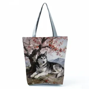 Modische Damen Schultertasche mit niedlichem Husky Print, stilvoller Hunde Shopper Tasche.