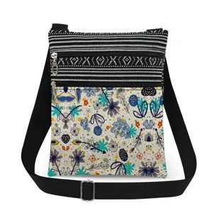Close-up detail view of the zippered canvas messenger bag featuring vibrant floral print.