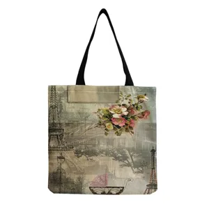 Vintage Eiffel Tower Canvas Tote Bag Retro Paris Floral Print Casual Large Shoulder Handbag