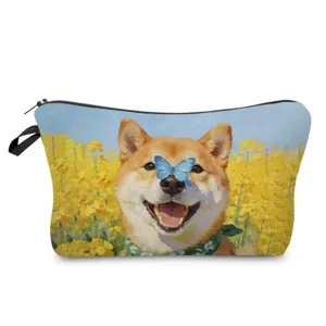 Cute Shiba Inu oil painting cosmetic bag, portable travel toiletry storage pouch with zipper.