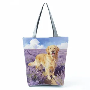 Detailansicht der niedlichen Golden Retriever Welpen Druck Handtasche, grauer Schultergurt.