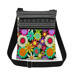 Double zipper crossbody bag featuring vibrant colorful floral print and stylish striped pattern.