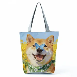 Shiba Inu Oelgemaelde Druck Segeltuch Tote Bag Detailansicht, niedliches Tiertaschendesign.