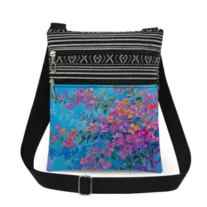 Detail view of the floral printed crossbody bag showing double zipper and adjustable strap.