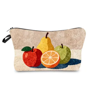 Detailed view of a stylish fruit print cosmetic bag with plush tufted texture and zipper.