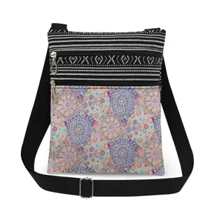 Small crossbody bag with black white stripes and colorful floral print, adjustable strap.