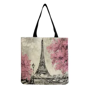 Canvas Eiffel Tower print tote bag, large capacity casual shoulder bag for daily use.