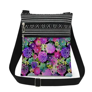 Detailed view of the vibrant floral print and double zipper design on the casual crossbody bag.
