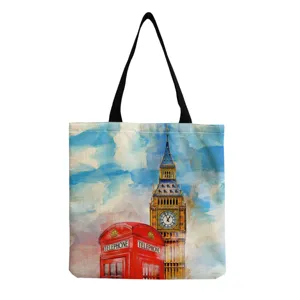 London landscape print canvas tote bag, large capacity eco-friendly casual shoulder bag for daily use.