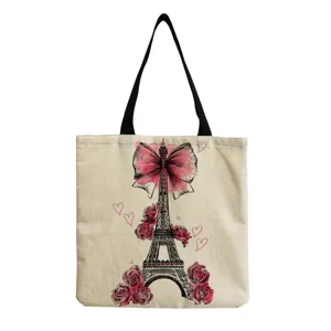 Canvas tote bag with Eiffel tower print, large capacity casual shoulder bag for daily use.
