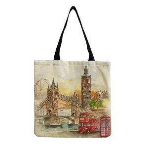 Canvas tote bag with London landmark watercolor print, large capacity casual shoulder bag.