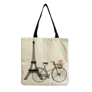 Eiffel tower printed canvas tote bag, eco-friendly large shoulder bag for daily casual use.