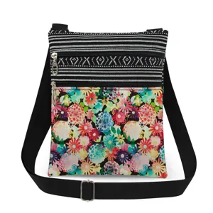 Detailed view of the colorful floral print, double zippers, and adjustable strap design.