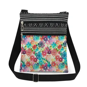 Detailed view of the colorful floral print and dual zippers on the crossbody bag.