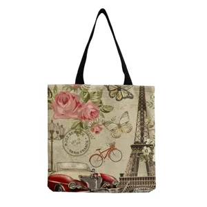 Vintage Eiffel Tower canvas tote bag, large capacity stylish casual shoulder handbag.