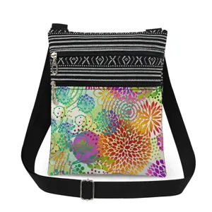 Colorful floral print crossbody bag with double zippers and adjustable strap for daily use.