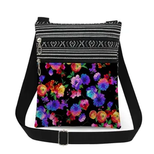 Floral print crossbody bag with double zippers and adjustable strap for women casual daily use.