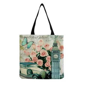 Detail view of the vintage London Big Ben canvas tote bag, spacious eco-friendly daily handbag.