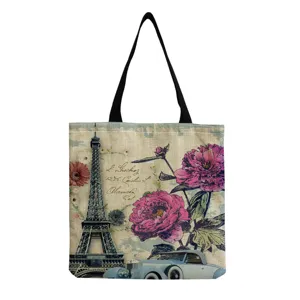Vintage Eiffel Tower print canvas tote bag, eco-friendly large capacity shoulder handbag.