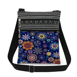 Detailed view of the colorful floral print crossbody bag with double zippers and adjustable strap.