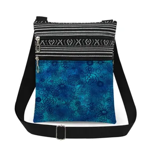 Small crossbody bag with blue floral print, double zippers, and adjustable strap for women.