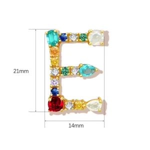 Detailed dimension graphic of copper letter E pendant featuring colorful cubic zirconia stones.