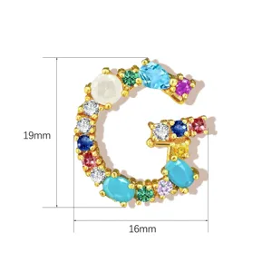Gold plated alphabet letter G pendant necklace charm with colorful cubic zirconia stones.