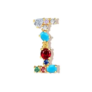 Detailed view of a colorful gemstone letter pendant, featuring multi-colored zirconia.