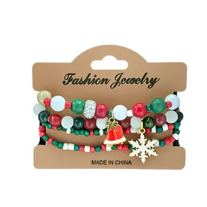 Christmas beaded bracelet set with holiday charms, colorful beads on display card for women.