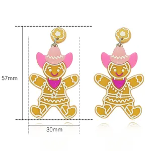 Christmas gingerbread man earrings with cute pink cowboy hat design, fashion alloy drop oil jewelry.