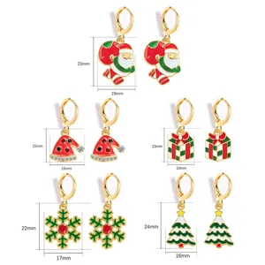 Christmas earrings set featuring cute Santa Claus, tree, snowflake and gift box designs.
