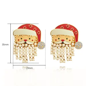 Christmas Santa Claus earrings featuring enamel, rhinestones and pearl fringe details.