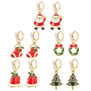 Christmas earrings set featuring cute Santa, tree, stocking, and wreath designs with enamel.
