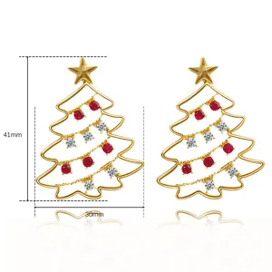Gold Christmas tree earrings with red and white rhinestones, holiday festive jewelry gift.