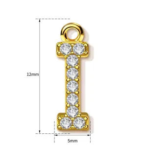 Detailed view of gold letter I pendant with sparkling crystal stones, highlighting dimensions.