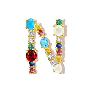 Gold-plated copper 26 letter N necklace pendant embedded with colorful cubic zirconia stones.