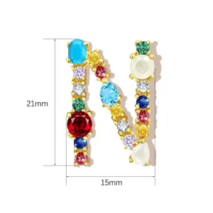 Gold plated brass letter N pendant colorful cubic zirconia charm 21x15mm jewelry