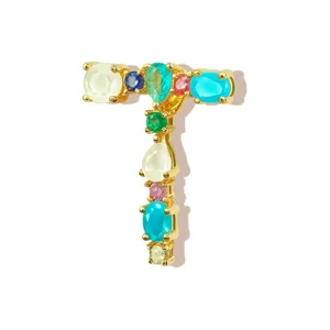 Gold plated letter T necklace pendant inlaid with colorful cubic zirconia stones fashion.