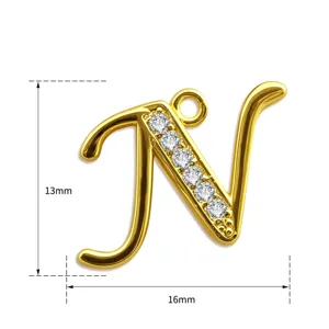 Goldfarbener Buchstabe N Anhänger mit Zirkonia, 13x16mm Schmuckzubehör für Halsketten und DIY.