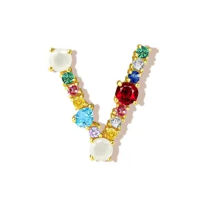 Multicolor cubic zirconia letter V pendant charm copper jewelry for necklace accessories.