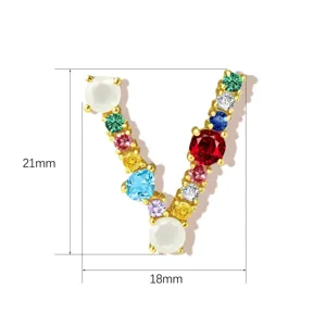 Colorful cubic zirconia letter V pendant charm copper jewelry accessory for necklace making.