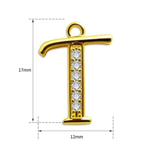 Gold Letter T Anhänger Mikrogefaßter Zirkonia Charm Modeschmuck Accessoire 17mm lang