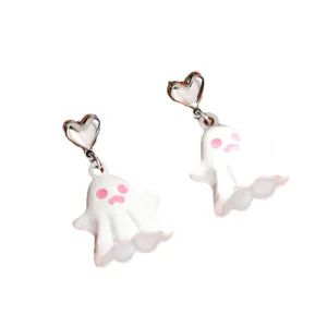 Simpatici orecchini pendenti fantasma bianco di Halloween per donna, gioielli spettrali vista.