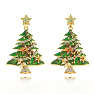 Charming Christmas tree stud earrings featuring vibrant green enamel and sparkling crystals.