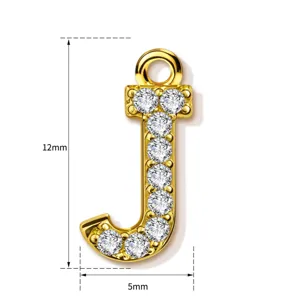Detailed view of the gold letter J pendant, showing dimensions with sparkling crystal stones.