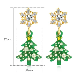 Christmas tree drop earrings with sparkling zircon and pearls, elegant holiday jewelry for women.