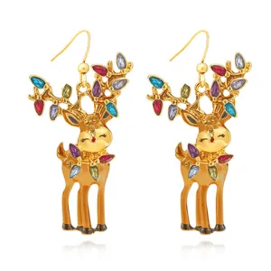 Close-up details of Christmas reindeer design drop earrings with colorful crystal rhinestones.
