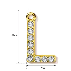 Close-up detail view of the gold letter L pendant showing exact dimensions and crystal stones.