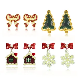 Christmas earrings set cute bow tree gingerbread house snowflake alloy enamel gifts