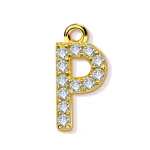 Detailed close-up of a gold-plated letter P pendant inlaid with sparkling zirconia crystals.